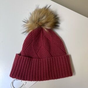 Nordstrom Cashmere Burgundy Knit Hat with Faux Fur Pom-Pom NWT
